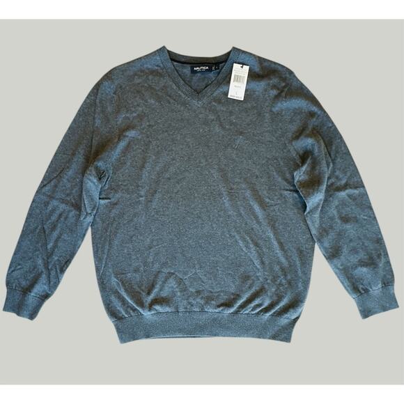 NAUTICA V-Neck Sweater Men’s Large Gray Cotton/Modal Luxury Performance Pullover - Picture 1 of 4
